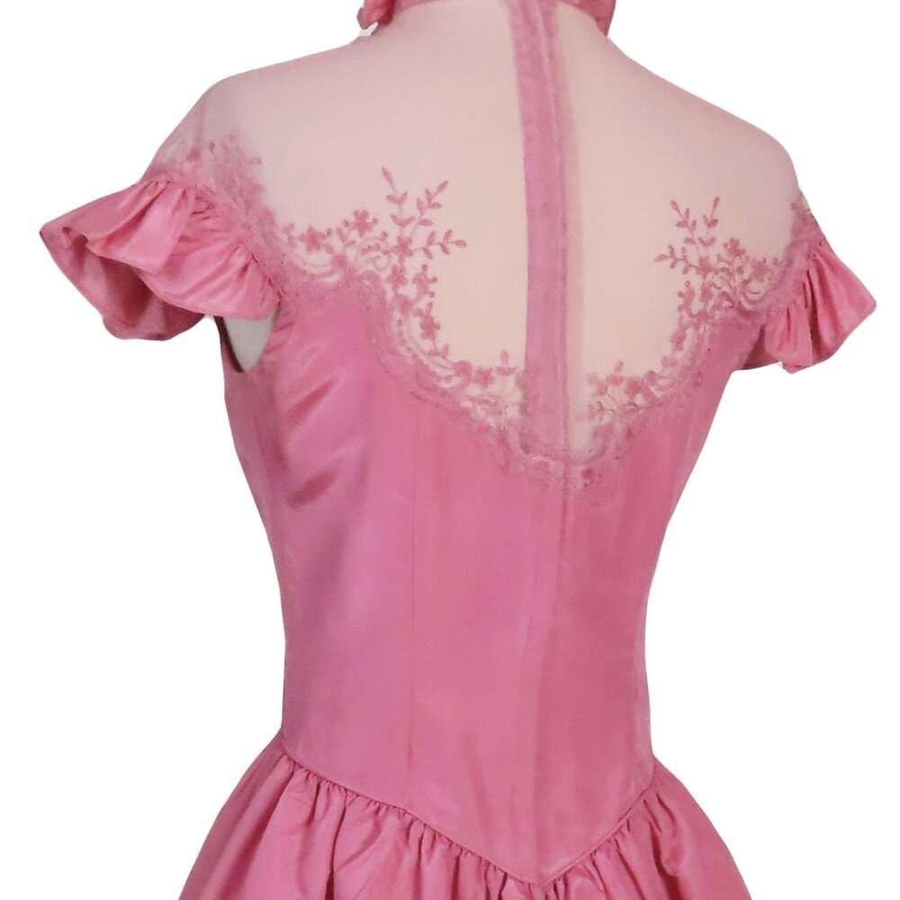 Vintage 70s 80s Pink Ruffle Sleeve Neck Taffeta Prom Gown Party Prom Dress S M - Picture 12 of 14